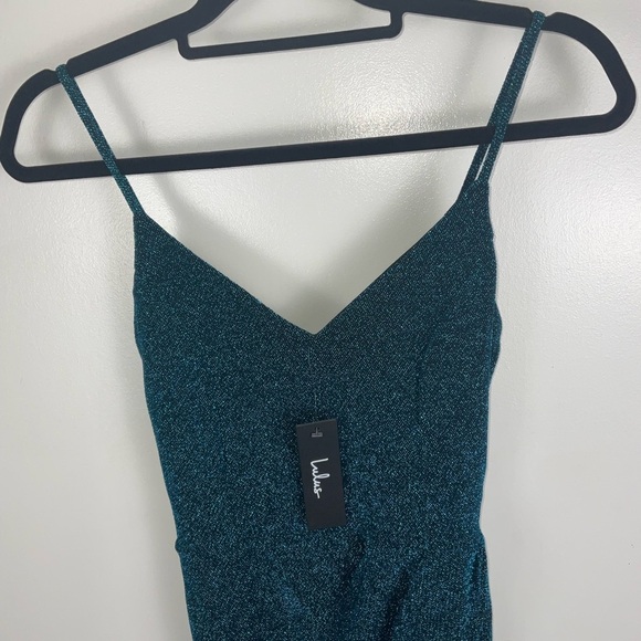 Lulus NWT Blue Metallic Asymmetrical Stretchy Bodycon Party Mini Dress - Size M - Picture 6 of 9